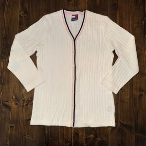 Vintage Tommy Hilfiger Cardigan Sweater M White with Navy & Pink details.